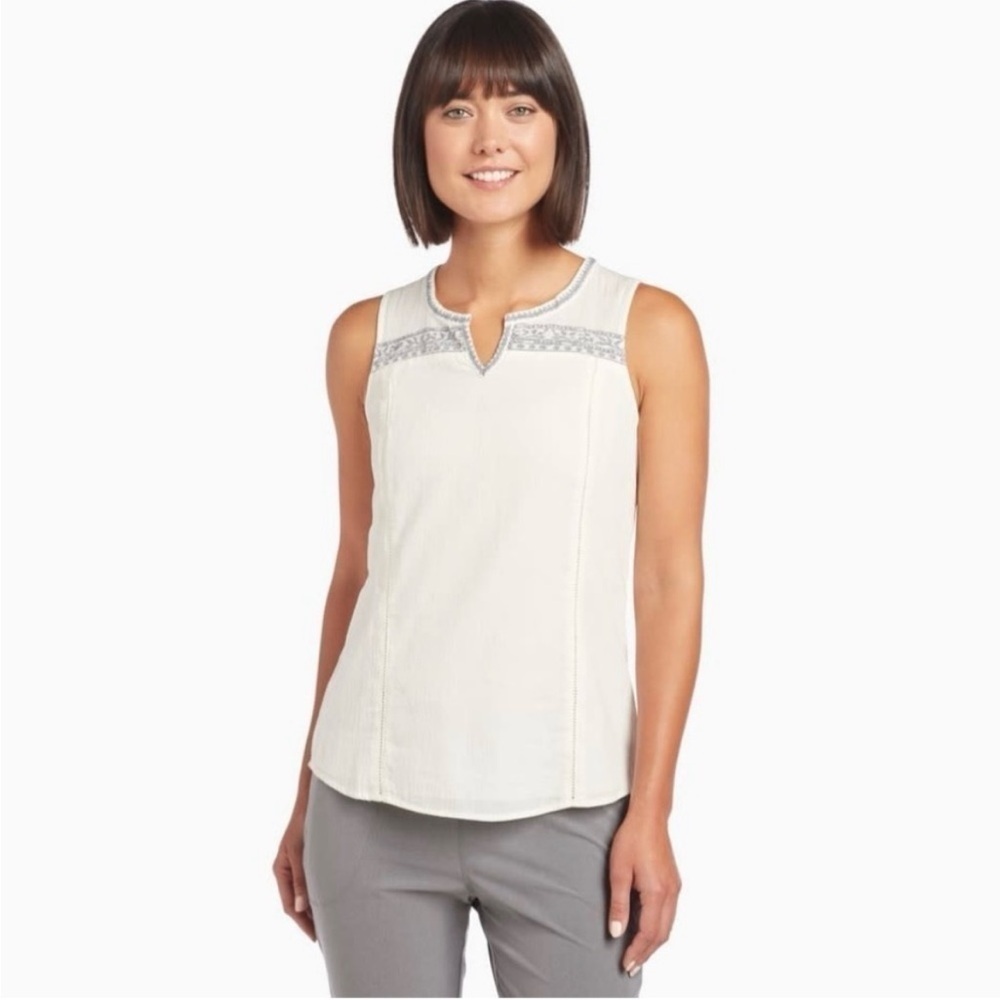Kuhl White and Grey Katrin Embroidered Sleeveless Organic Cotton Tank